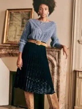 Sezane women 42 dino navy blue velvet pleated midi a-line skirt, side zipper